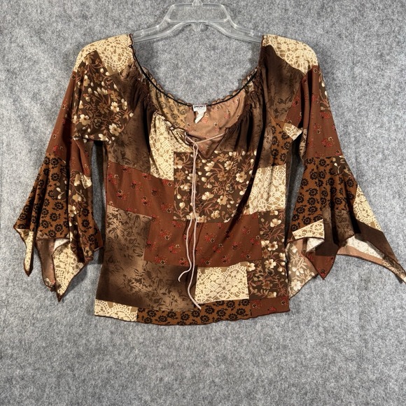 Y2K Peasant Top Size Medium‎ Whimsigoth Flare Sleeve Forest Fairy Patchwork - Picture 1 of 10